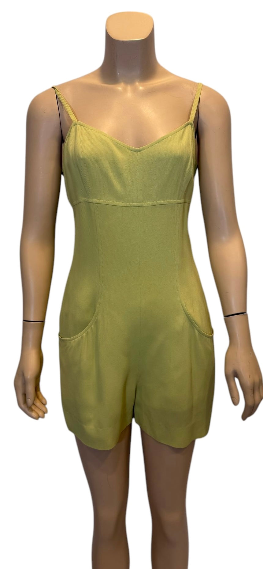 97P, 1997 Spring Vintage Chanel Boutique Lime Green Jumpsuit Shorts Romper FR 38 US 6/8