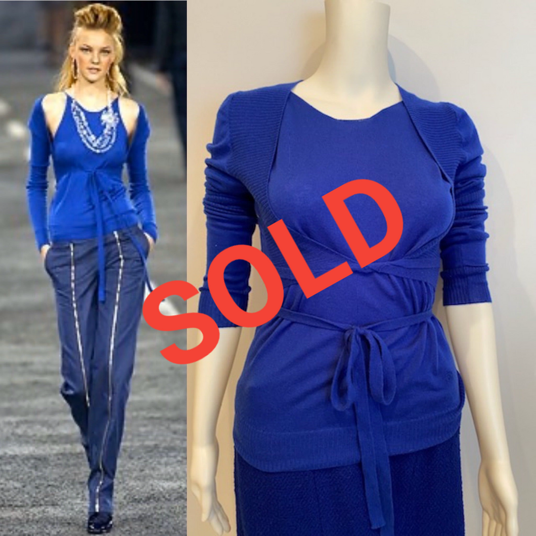 Chanel 04A 2004 Fall Royal Blue Cashmere Sweater Wrap Cardigan Top Blouse FR 38