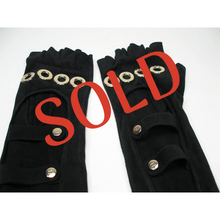 Load image into Gallery viewer, Rare! Chanel Long Fingerless Black Suede leather 08, 2008 Gold CC Logos Caged Gloves Sz 7.5