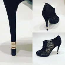 Load image into Gallery viewer, Chanel short boot bootie black lace mesh pearl high heels EU 41 US 10
