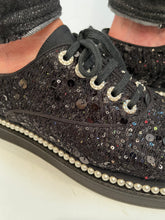 Load image into Gallery viewer, Chanel 17P 2017 Spring Black sequined Lace Up Tennis type  Shoes with contemporary thick soles and  pearl trim. EU 39.5 US 9/9.5