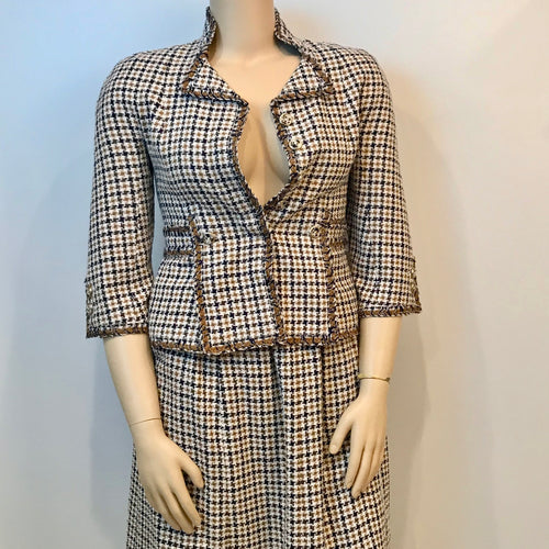 Chanel 08P, 2008 Spring 2 piece plaid tweed skirt suit jacket set size 10/12