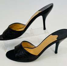 Load image into Gallery viewer, Chanel Black Leather Camellia Heel Slides EU 39 US 8.5 Wide