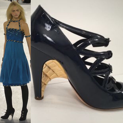 Editing Lora Layaway Chanel Navy Blue Patent Leather Quilted Gold Mary Jane Wedge Strap Heels 07A 2007 Fall Novelty Buckled Pumps EU 38 US 7/7.5