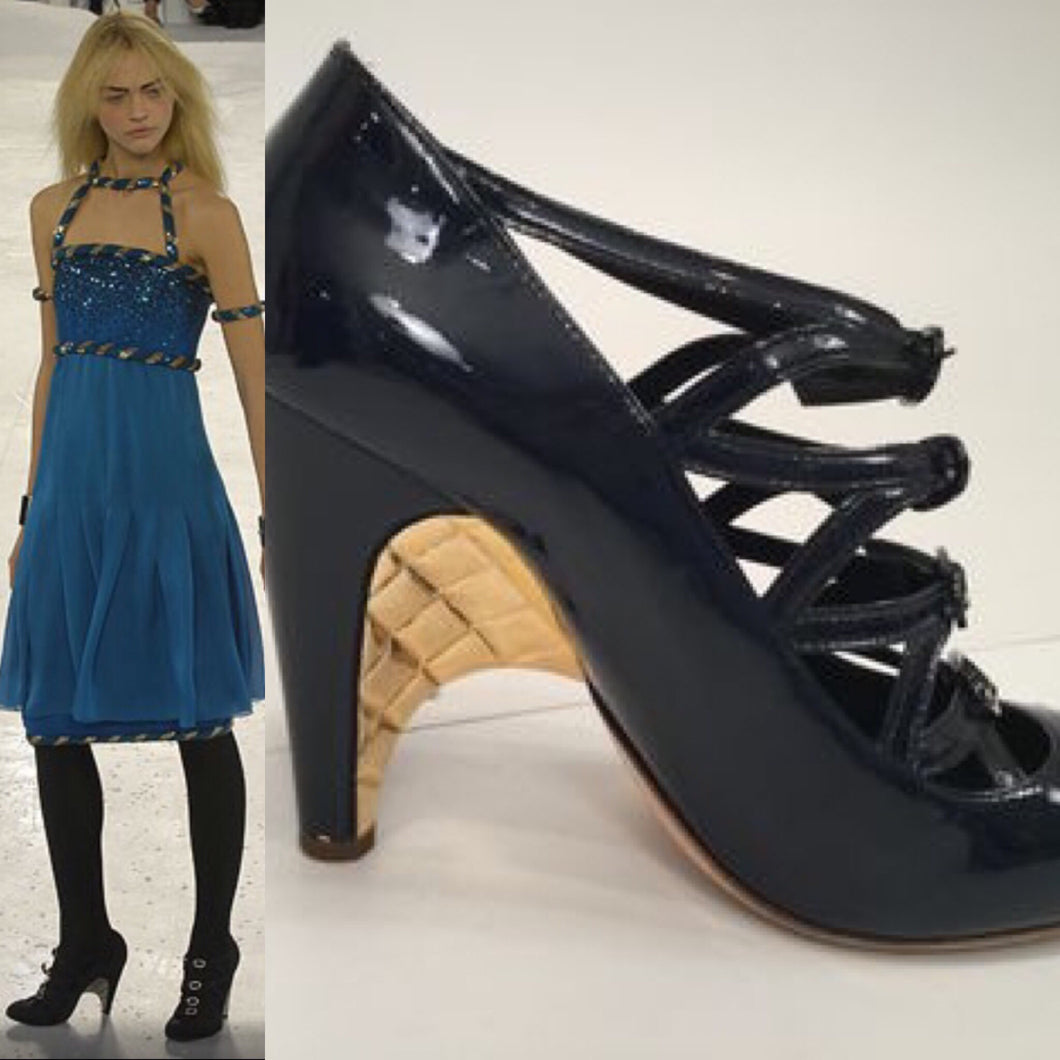 Editing Lora Layaway Chanel Navy Blue Patent Leather Quilted Gold Mary Jane Wedge Strap Heels 07A 2007 Fall Novelty Buckled Pumps EU 38 US 7/7.5