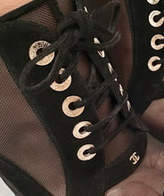 Load image into Gallery viewer, Chanel 10C 2010 Cruise Resort black velvet lace up peep toe mesh bootie sandal heels EU 38