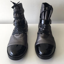 Load image into Gallery viewer, Chanel 05, 2005 metallic Grey black patent leather biker combat short ankle boots boots EU 37 US 6/6.5