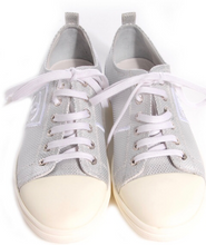Load image into Gallery viewer, Chanel 10C, 2010 Cruise Resort Silver Metallic Canvas Woven CC Logo Tennis Shoes EU 41 US 10/11