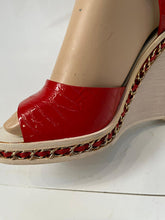 Load image into Gallery viewer, Chanel 14P 2014 Spring Patent Leather Red Chain Wedge Heel Sandals EU 38.5 US 7.5