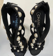 Load image into Gallery viewer, Chanel Black Strap Sandal Heels Pearl Trim EU 37.5 US 6.5/7 Narrow