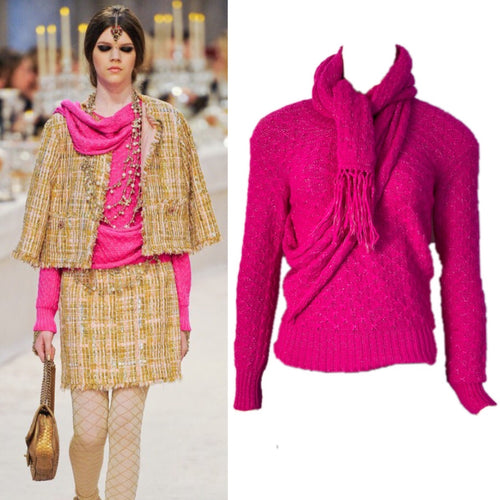 Chanel 2012 Fall 12A Pink Fuchsia Sweater w attached Scarf FR 34