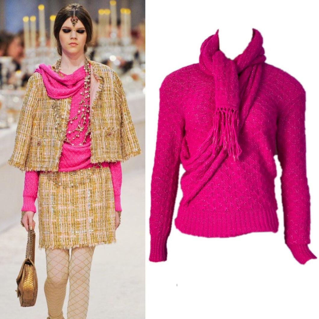 Chanel 2012 Fall 12A Pink Fuchsia Sweater w attached Scarf FR 34