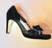 Load image into Gallery viewer, Chanel Black Camellia Flower Velvet Strap Sandal Heels EU 40 US 9.5
