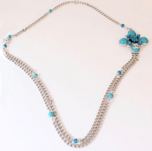 Load image into Gallery viewer, Chanel 07A 2007 Fall Turquoise Multi-Strand Tweed Crystal CC Silver Metal Necklace/Belt/Pin/Brooch