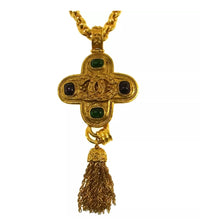 Load image into Gallery viewer, 94A Vintage Chanel poured glass Cabechon stones Cross Tassel CC Pendant tassel Necklace Red Green Gold Metal
