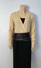 Load image into Gallery viewer, 1980’s Chanel Vintage Light Yellow Black Bicolor Wrap Sweater w/satin ribbons US 4/6/8