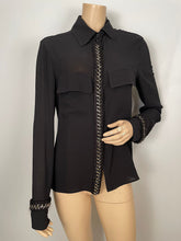 Load image into Gallery viewer, Chanel 11A, 2011 Fall black Blouse top w chain tweed trim FR 42 US 8