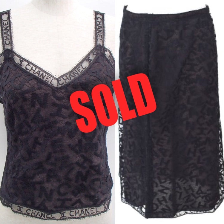 Rare! Chanel Vintage 98A Fall Logo Black Lace Tank top Blouse Camisole Skirt Set FR 38 US 4