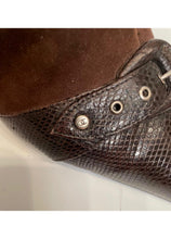 Load image into Gallery viewer, Chanel Dark Brown Kitten Heel Suede Lizard embossed Ankle Boots EU 37.5 US 7/7.5
