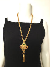 Load image into Gallery viewer, 94A Vintage Chanel poured glass Cabechon stones Cross Tassel CC Pendant tassel Necklace Red Green Gold Metal