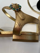 Load image into Gallery viewer, Chanel 15P 2015 Spring Gold Leather Gladiator Strap Sandals with stones EU 39.5