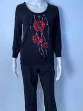 Load image into Gallery viewer, Chanel 07A Black Red Cashmere Pullover Sweater  with appliqué geometric flowers with sequins, pearls FR 40