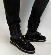 Load image into Gallery viewer, Chanel 17P 2017 Spring Black sequined Lace Up Tennis type  Shoes with contemporary thick soles and  pearl trim. EU 39.5 US 9/9.5