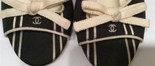 Load image into Gallery viewer, Chanel Vintage Canvas Wedge Heels Black Ecru Ivory bow strap sandals EU 35 Sz 4/4.5
