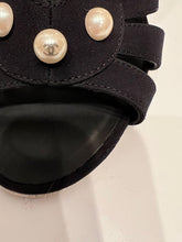 Load image into Gallery viewer, Chanel Black Strap Sandal Heels Pearl Trim EU 37.5 US 6.5/7 Narrow