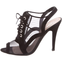 Load image into Gallery viewer, Chanel 10C 2010 Cruise Resort black velvet lace up peep toe mesh bootie sandal heels EU 38