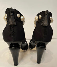 Load image into Gallery viewer, Chanel Black Strap Sandal Heels Pearl Trim EU 37.5 US 6.5/7 Narrow