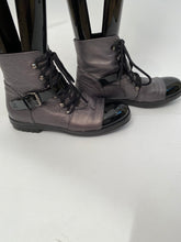Load image into Gallery viewer, Chanel 05, 2005 metallic Grey black patent leather biker combat short ankle boots boots EU 37 US 6/6.5
