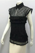 Load image into Gallery viewer, Chanel 04P 2004 Spring Black Sheer Lace Pearl Top Blouse lace, pearls,rufflesUS 6