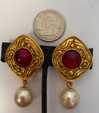 Load image into Gallery viewer, Chanel Vintage Red poured glass Gripoix Dangle pearl drop Clip On Earrings