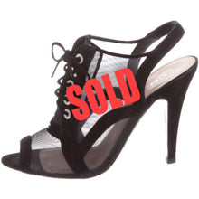 Load image into Gallery viewer, Chanel 10C 2010 Cruise Resort black velvet lace up peep toe mesh bootie sandal heels EU 38