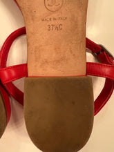 Load image into Gallery viewer, Chanel Red Leather Thong Camellia Flower Pearl Sandals EU 37.5C US 7 Wide