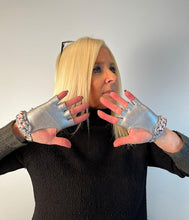 Load image into Gallery viewer, Rare Chanel 2014 14P tweed metallic silver pink chain Fingerless Gloves size 7.5