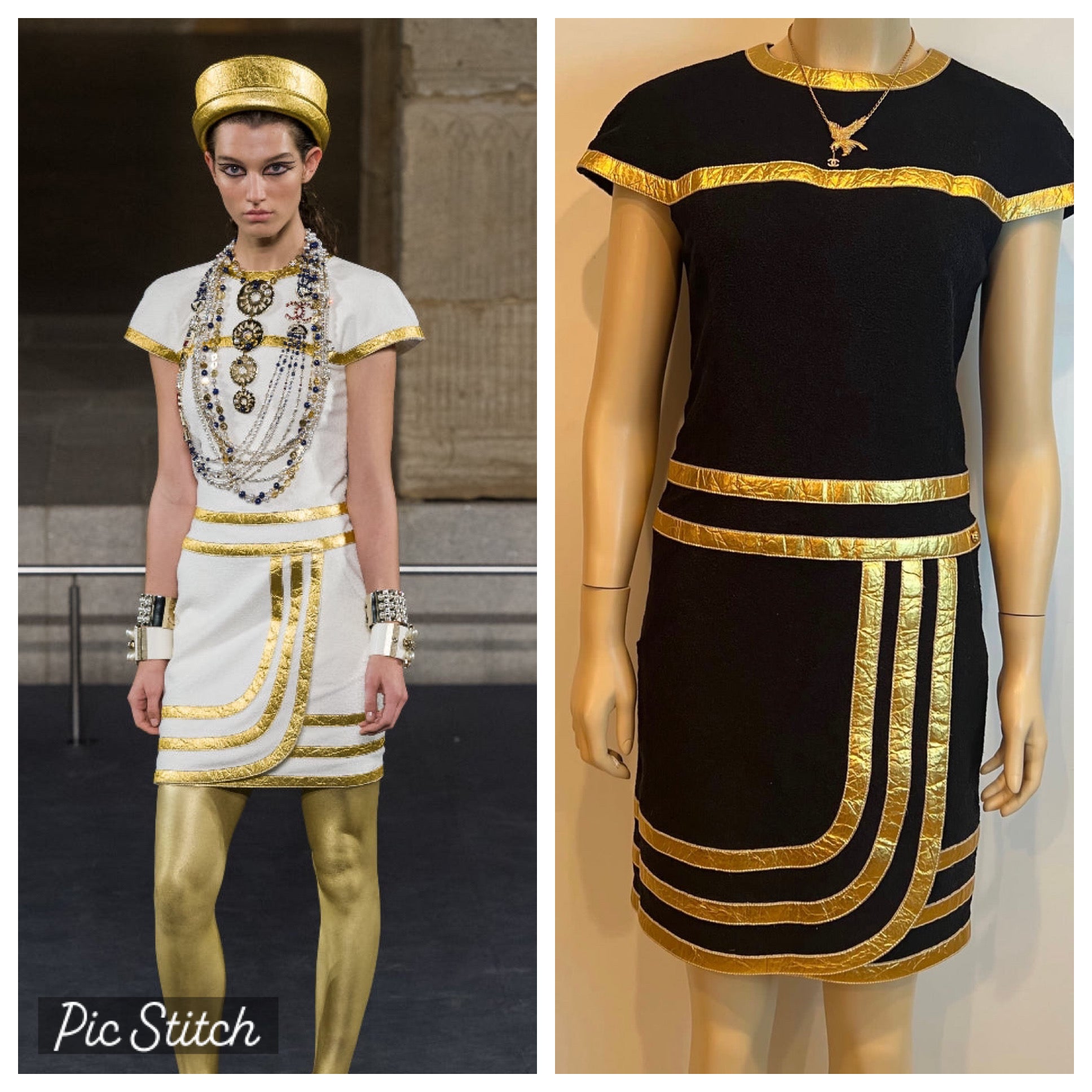 NWT Chanel 19A 2019 Fall Paris Egypt Runway Black Gold Trim Dress FR 3 HelensChanel NWT Chanel 19A 2019 Fall Paris Egypt Runway Black Gold Trim Dress FR 3 HelensChanel
