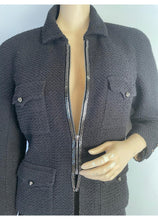 Load image into Gallery viewer, Rare Chanel Black Tweed Textured Skirt Suit w Chains/Zippers FR 44 US 8/10