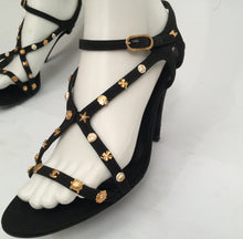 Load image into Gallery viewer, Chanel Charm Logo Black Grosgrain Strap Sandal Icon Heels EU 39.5 US 8.5/9