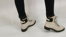 Load image into Gallery viewer, Chanel Black White Logo Lace Up Fall Winter Combat ankle Boots EU 36.5 US 6