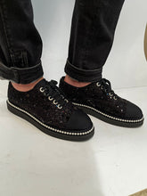 Load image into Gallery viewer, Chanel 17P 2017 Spring Black sequined Lace Up Tennis type  Shoes with contemporary thick soles and  pearl trim. EU 39.5 US 9/9.5