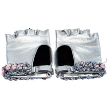 Load image into Gallery viewer, Rare Chanel 2014 14P tweed metallic silver pink chain Fingerless Gloves size 7.5