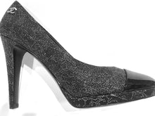 Load image into Gallery viewer, NIB New In Box Chanel Dark Silver Glitter patent platform Heel Pumps 2013, 13K ‘World Map’ Collection EU 38.5 US 7.5/8