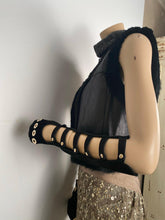 Load image into Gallery viewer, Rare! Chanel Long Fingerless Black Suede leather 08, 2008 Gold CC Logos Caged Gloves Sz 7.5