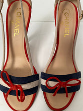 Load image into Gallery viewer, Chanel 08C, 2008 Cruise suede red white blue cork sandal strap Heels EU 37 US 6.5/7