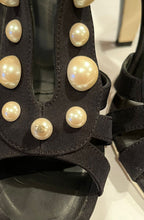 Load image into Gallery viewer, Chanel Black Strap Sandal Heels Pearl Trim EU 37.5 US 6.5/7 Narrow