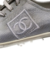 Load image into Gallery viewer, Chanel 10C, 2010 Cruise Resort Silver Metallic Canvas Woven CC Logo Tennis Shoes EU 41 US 10/11