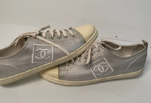 Load image into Gallery viewer, Chanel 10C, 2010 Cruise Resort Silver Metallic Canvas Woven CC Logo Tennis Shoes EU 41 US 10/11