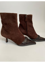Load image into Gallery viewer, Chanel Dark Brown Kitten Heel Suede Lizard embossed Ankle Boots EU 37.5 US 7/7.5